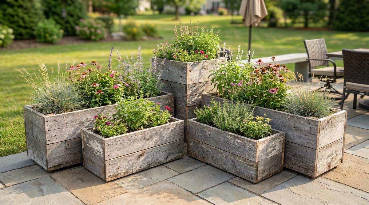 A rustic garden decor image featuring weathered barn board boxes, made from salvaged barn siding with authentic gray tones, nail holes, and paint remnants. These rectangular planters are used as container gardens, constructed with pocket screws or exterior adhesive, and include drainage holes and landscape fabric lining. Ideal for creating visually dynamic groupings on patios and decks.