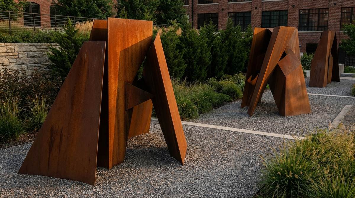 Abstract geometric forms cut from corten steel plates create bold sculptural statements in contemporary gardens. The weathered steel panels feature warm rust tones that naturalize well against evergreen plantings or gravel surfaces, with slim profiles that avoid bulkiness. These installations recall industrial heritage while serving modern design functions, particularly effective in urban gardens or converted industrial sites.