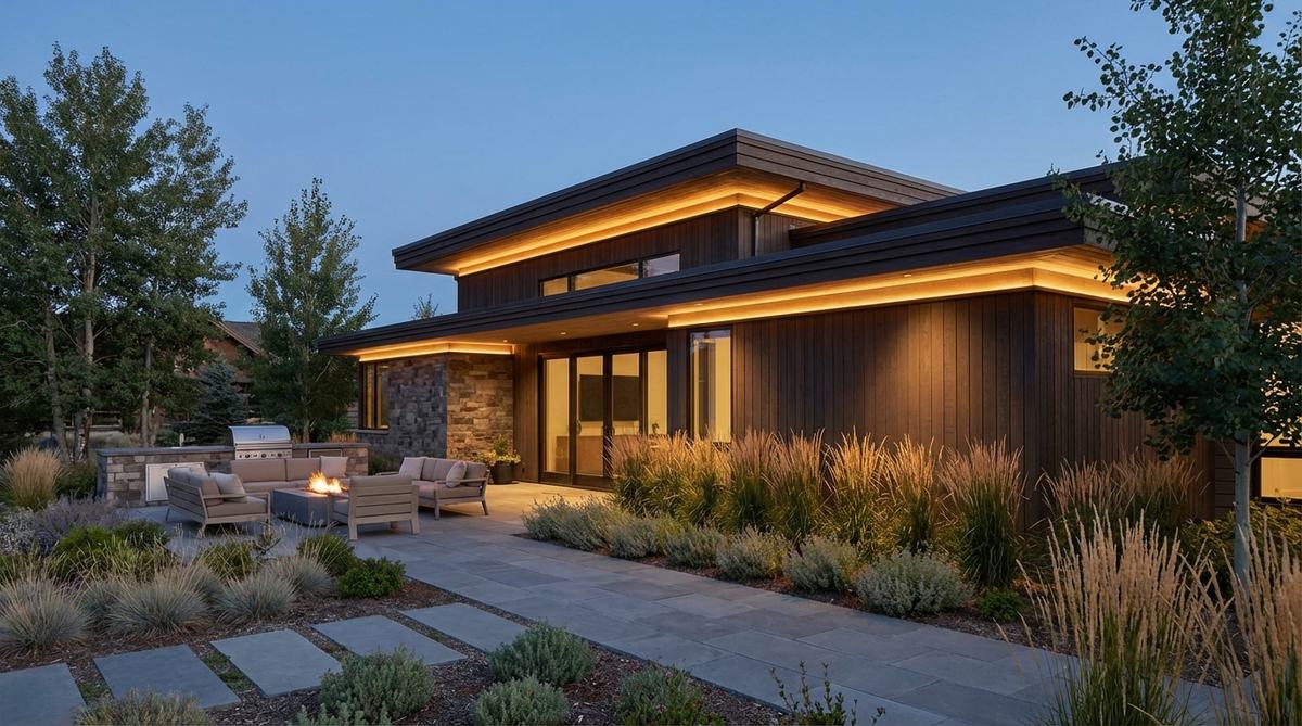 A modern architectural installation showing weatherproof cove lighting installed beneath eaves or within cornices, highlighting building profiles with indirect illumination while maintaining a clean, uncluttered facade.