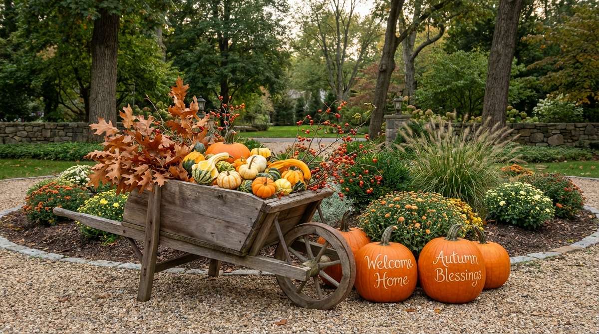 A vintage wooden wheelbarrow filled with layers of gourds, small pumpkins, dried leaves, and berry sprigs, positioned as a moveable focal point in a fall garden setting, with painted welcome messages on larger pumpkins for a personalized farmhouse charm.