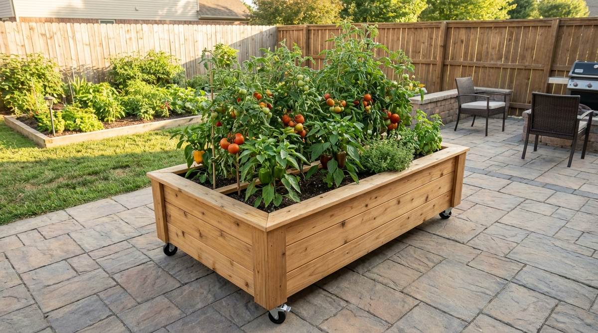 A wheeled planter box on a patio, showing its mobility for optimal sun exposure in small backyard gardens, ideal for growing tomatoes and peppers that need full sunlight.