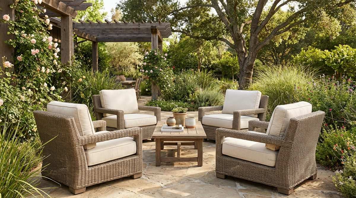 Traditional club chairs made from all-weather wicker, featuring wide arms for comfort and utility, ideal for creating relaxed conversational groupings in boho garden settings.