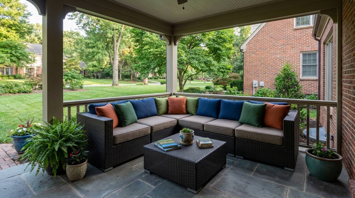 All-weather resin wicker sectional furniture set arranged in a corner configuration on a porch, featuring neutral frames with colorful interchangeable cushion covers for versatile outdoor decor.