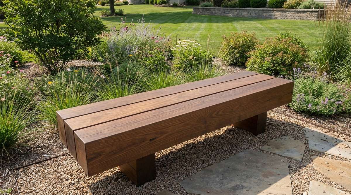 A modern garden bench featuring wide plank minimal joinery, constructed with three 2x10 planks that create a substantial seat using minimal joints. The design reduces construction time and hardware requirements, with 3/8-inch gaps between planks for drainage and aesthetics. Ideal for use with dense hardwoods like ipe or cumaru to prevent splitting.