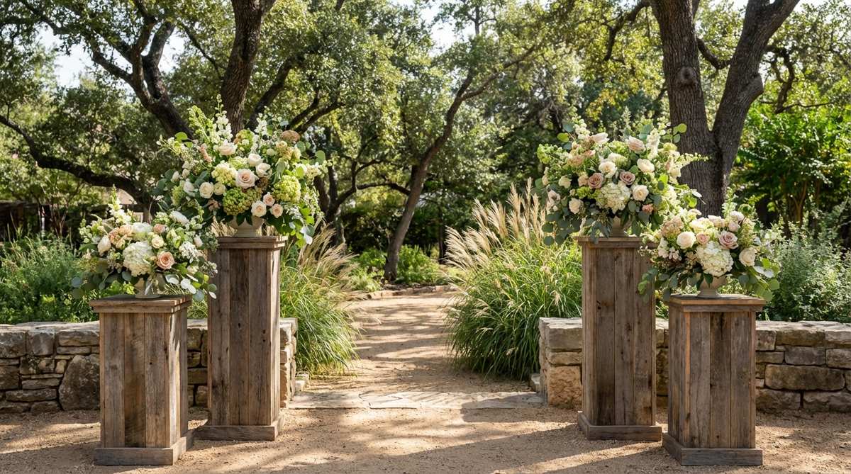 Rustic wood pedestals used as aisle anchors to elevate floral arrangements, reinforcing organic garden aesthetics in wedding decor. These raised platforms create focal points without extensive ground coverage, adding vertical structure and cohesive design with seasonal flowers and greenery.