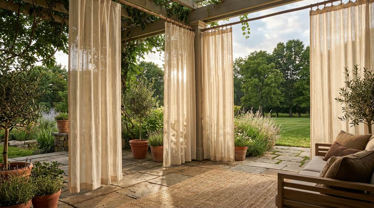 Woven cotton curtains in an earthy boho decor setting, featuring textured cotton window panels that filter light softly and add vertical pattern interest. The open-weave design maintains privacy while allowing natural light to create a warm, diffused glow, enhancing the room's ambiance.
