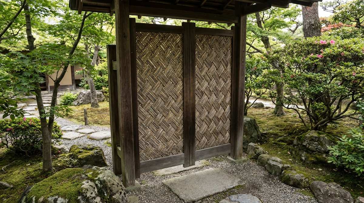 A traditional Japanese garden gate featuring dense wicker weaving (ajiro) with bamboo or willow strips interlaced in diagonal or herringbone patterns, creating semi-opaque panels that filter light and air while providing privacy in rustic garden settings.