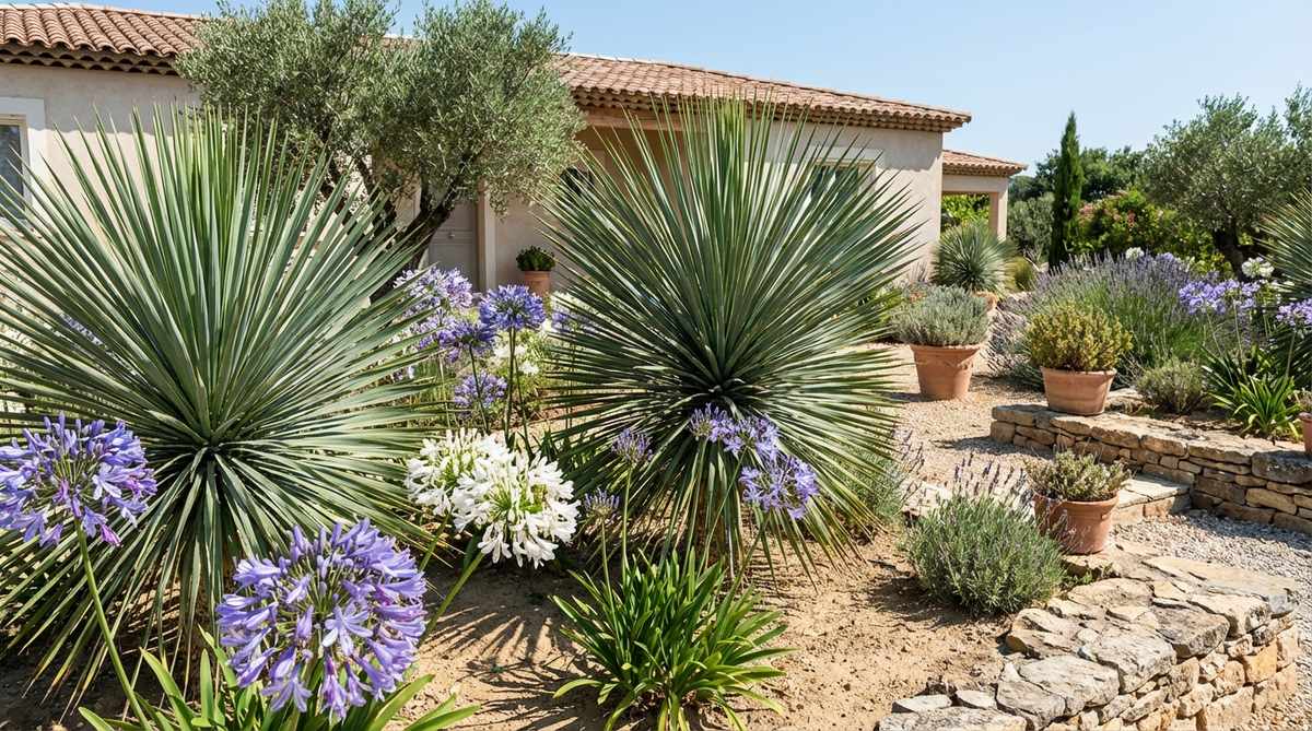 A striking garden image showing yucca plants with sword-like evergreen foliage paired with agapanthus blooms, creating dramatic focal points in a Mediterranean-style setting. The yucca provides year-round architectural structure, while the agapanthus adds seasonal color with its vibrant flowers. Ideal for coastal conditions and well-drained soil, this combination enhances garden design with permanent anchors and clustered floral displays.