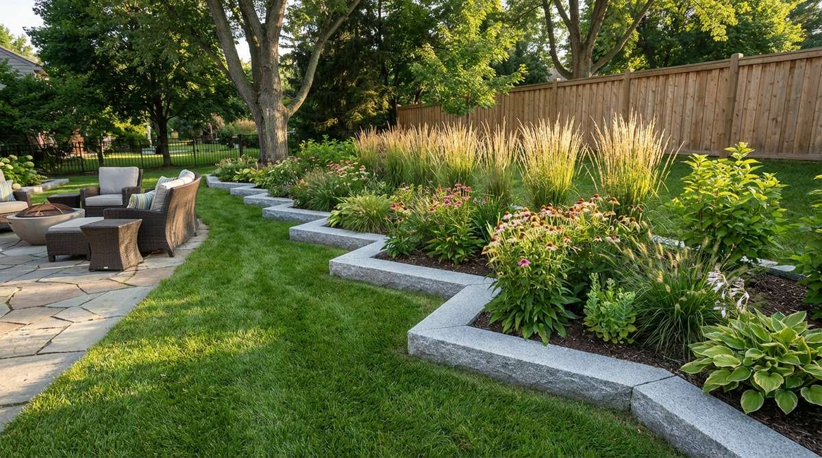 A modern garden featuring zigzag border patterns created with angular granite edges at 45-degree angles, framing perennial plantings and adding visual energy along the garden perimeter. The dynamic pattern draws attention to the long, narrow bed design.