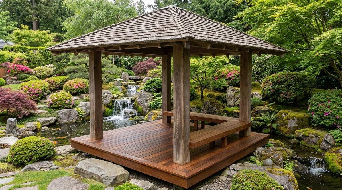 An open-air azumaya structure with four corner columns supporting a pyramidal roof, positioned at an elevated point in a Japanese garden overlooking water features and stone arrangements. The 10-12 foot square platform has polished wood decking and built-in benches along two sides, providing a serene space for meditation and contemplation while framing scenic views.