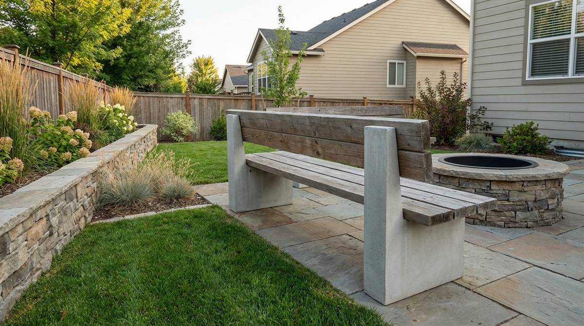 A versatile backless bench designed for flexible seating in small gardens, featuring a simple plank design that saves space and allows multiple orientations, such as facing fire pits or acting as a room divider, with options for lightweight stackable storage or permanent concrete and stone versions.