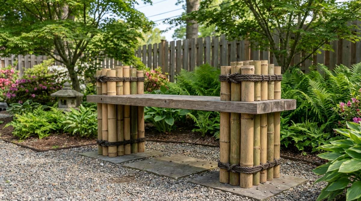 A DIY-friendly Japanese garden bench made by grouping 8-10 bamboo poles vertically into two tight clusters as support columns, topped with a plank seat of bamboo board or complementary hardwood. The vertical orientation highlights bamboo's natural nodes and color variation, with dark hemp rope tied in traditional decorative knots binding the poles at the top and bottom. This simple design requires no special tools and assembles in under two hours, ideal for adding natural, rustic charm to garden settings.