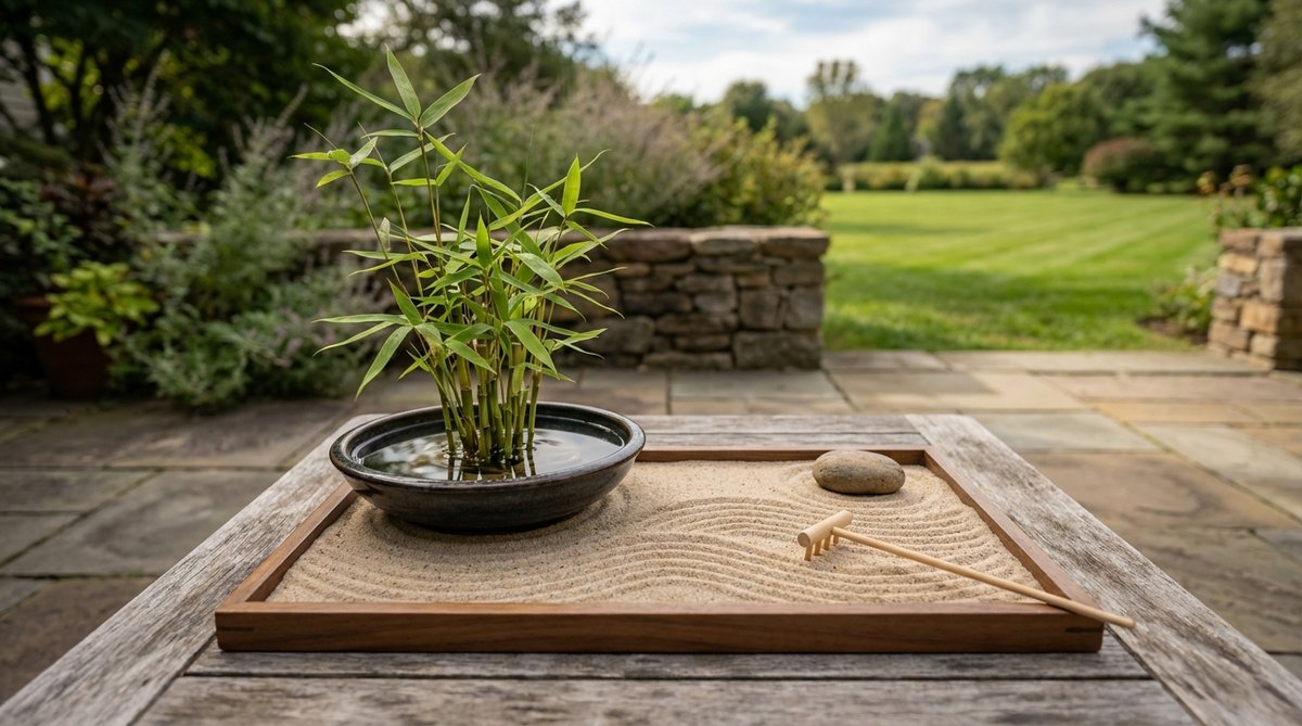 A miniature Zen garden featuring fresh bamboo shoots in a small water vessel placed next to a sand tray. The bamboo symbolizes flexibility and resilience in Zen philosophy, with green stalks providing vertical contrast against horizontal sand patterns. Weekly water changes are part of the meditation ritual.