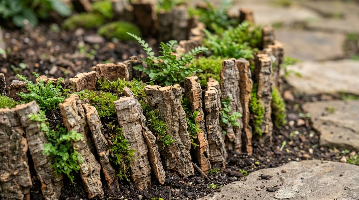 A close-up image showing thin natural bark strips, such as cork bark, arranged vertically to create textured and organic borders in a mini garden or terrarium setting. The bark strips are cut to approximately 2 inches in height and pressed into the substrate at slight angles, showcasing their irregular edges, color variation, and porous structure that supports microorganisms, mosses, and small ferns for a healthy ecosystem.