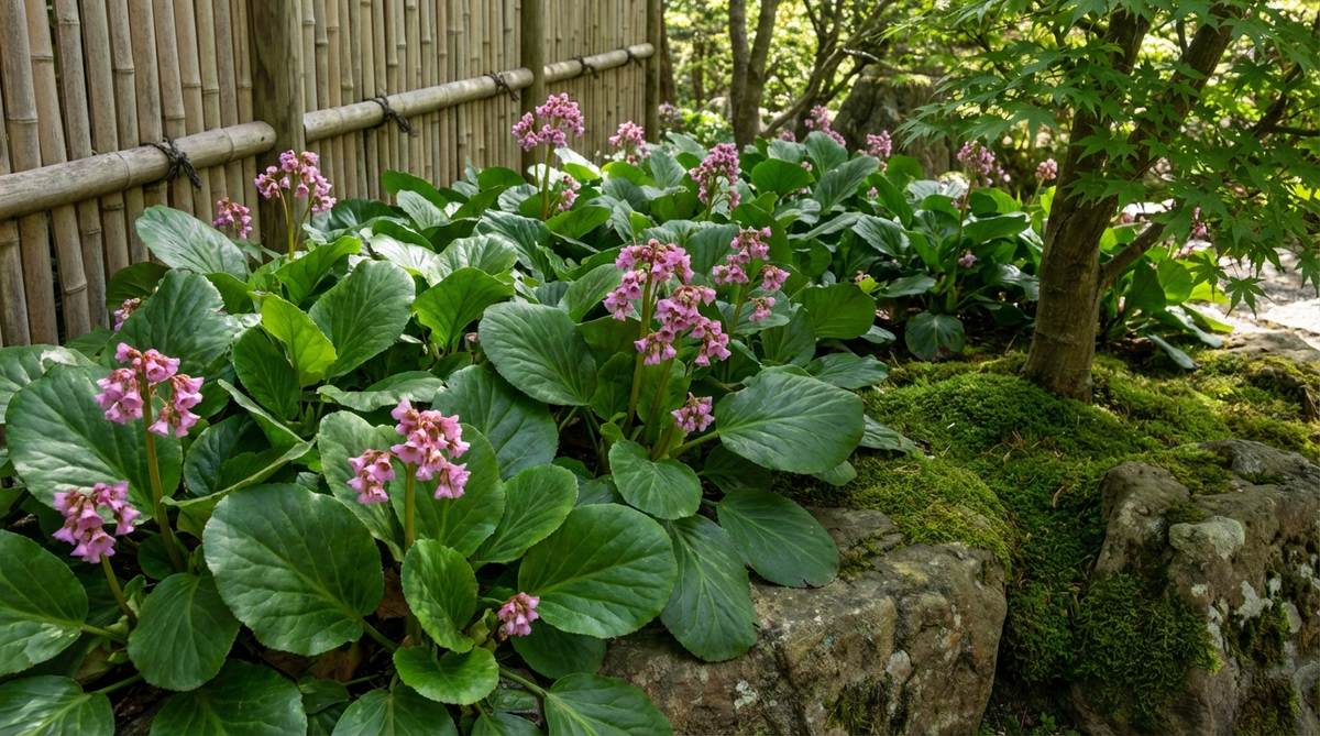 A close-up photo of Bergenia, also known as Elephant Ears, in a Japanese garden setting, showcasing its large, leathery evergreen leaves forming lush groundcover with pink spring flowers above, contrasting with fine moss textures in partial shade.