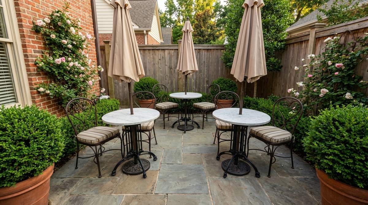 A European-style bistro cluster arrangement featuring 2-3 small tables (24-30 inches diameter) grouped closely together, each seating two guests for intimate outdoor dining. Perfect for narrow balconies, small patios, or as a secondary dining area, with classic bistro chairs and individual market umbrellas providing shade and visual charm.