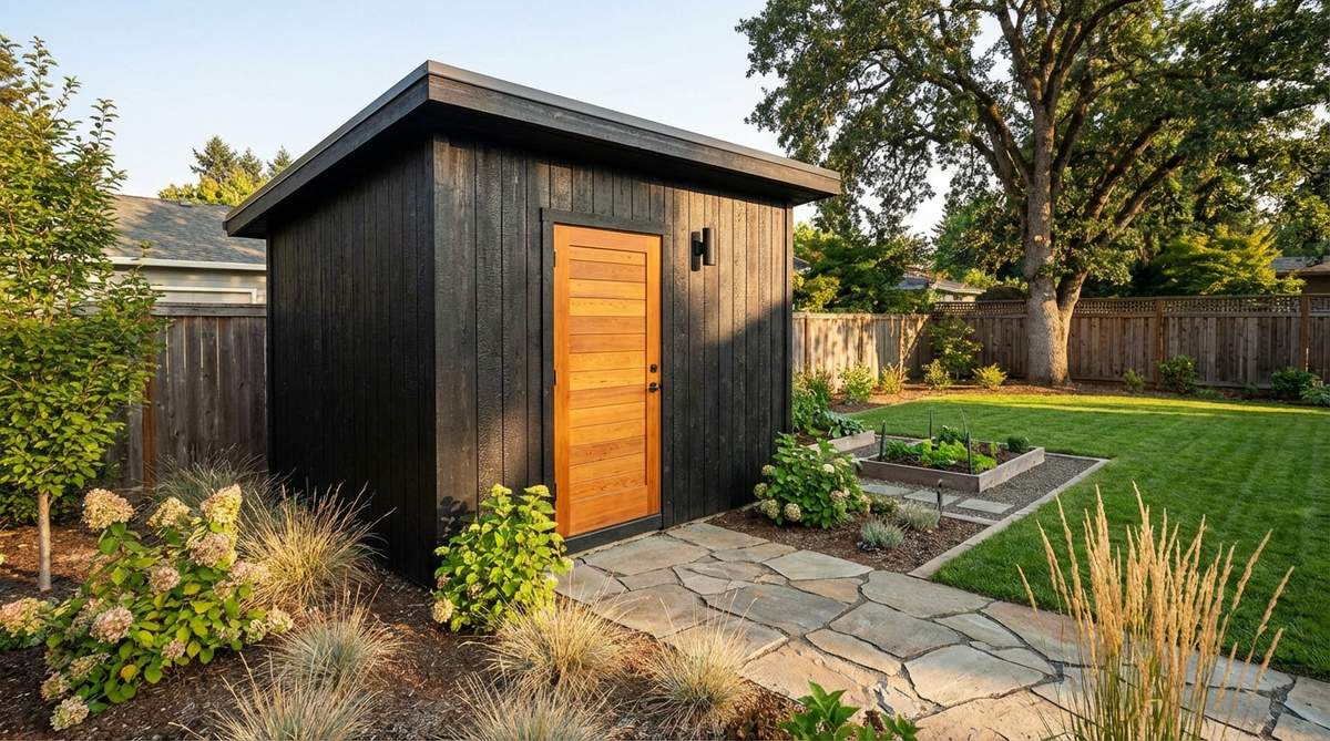 A contemporary garden shed featuring a fully blackened structure with a contrasting natural wood door as the focal point. The warm wood tone invites entry, while the dark walls define boundaries. Designers often use clear-coated cedar or white oak to showcase natural grain patterns, providing relief from the monochromatic envelope.