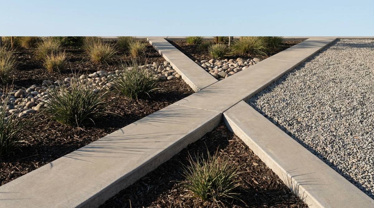 A close-up image showing narrow 6-inch concrete strips installed as permanent edges between gravel and planting beds in a modern zen garden. The strips are poured flush with the gravel level and two inches above the soil beds, creating crisp geometric boundaries and subtle shadow lines that enhance the garden's graphic quality. This design prevents material migration, contains mulch, and simplifies long-term maintenance with minimal concrete volume.