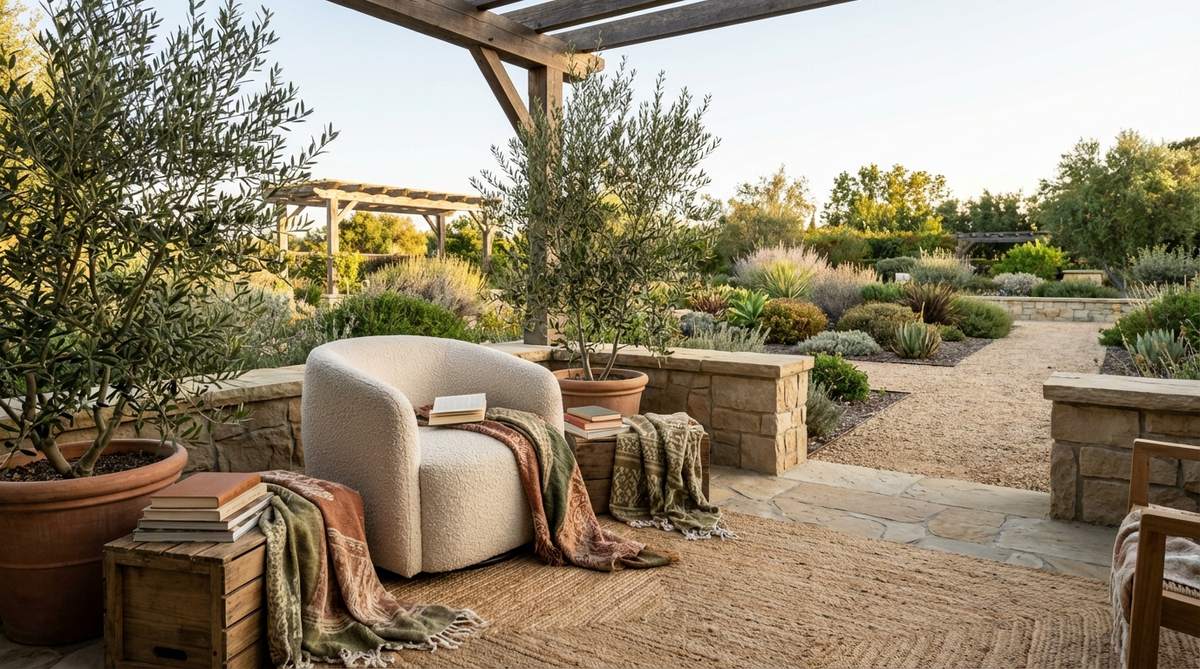 A cream boucle accent chair with looped texture positioned in a boho-inspired reading nook, showcasing tactile contrast against smooth surfaces and neutral tones that complement layered earthy decor elements.