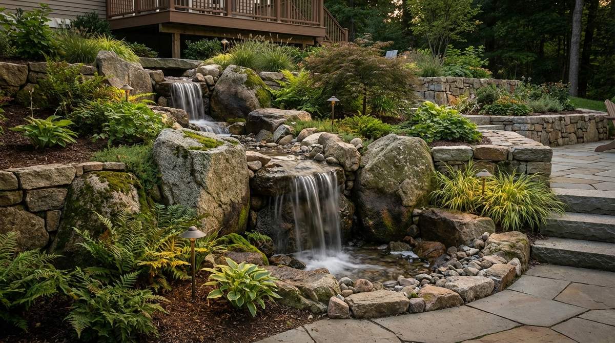 A naturalistic waterfall created with large boulders positioned at terrace edges in a sloped garden, featuring recirculating water flow and accent lighting for nighttime focal points.