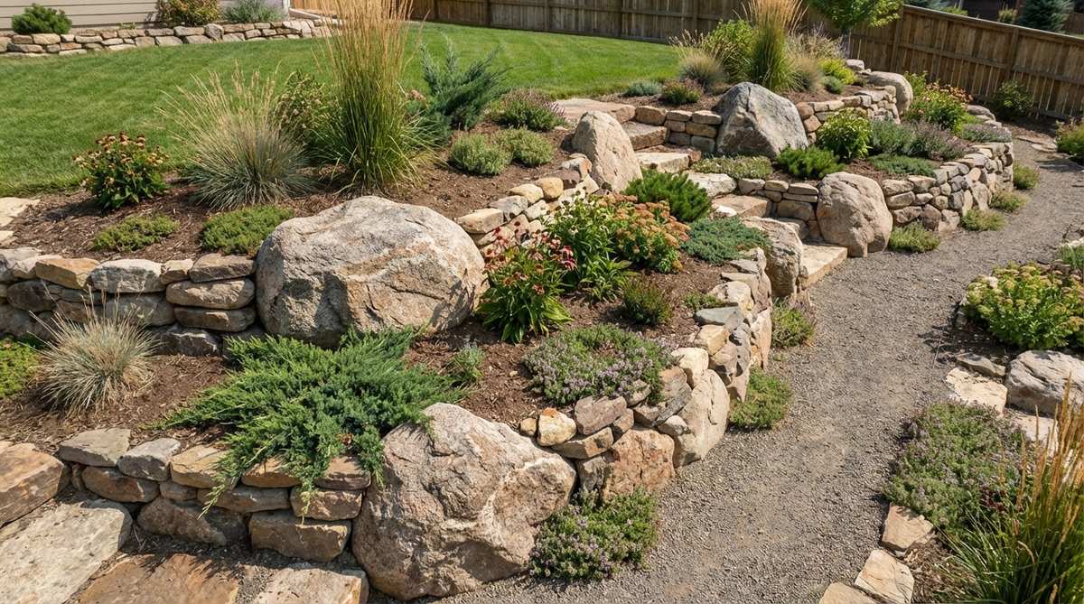 A naturalistic raised garden bed featuring large boulders embedded as structural anchors, with smaller stones creating organic transitions that mimic natural rock formations, ideal for slopes to prevent downhill creep.