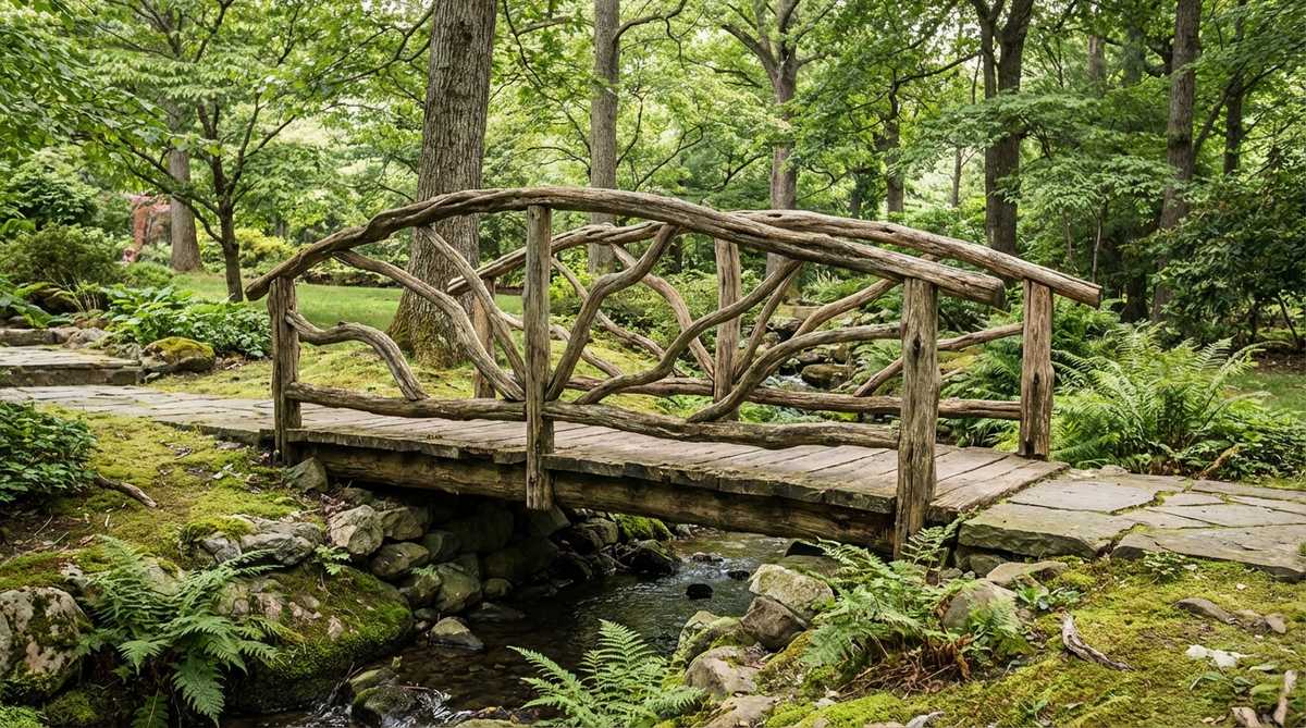 A unique small garden bridge with naturally curved branches and logs forming organic railings, ideal for woodland or fairy tale themed landscapes, showcasing handcrafted imperfection and natural materials.