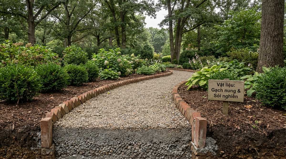 A decorative brick soldier course border showing bricks set vertically on their narrow edge to create a sawtooth pattern along a gravel garden path. The image demonstrates proper installation with a crushed stone base and tight brick placement, suitable for Colonial, Federal, and English cottage garden styles.