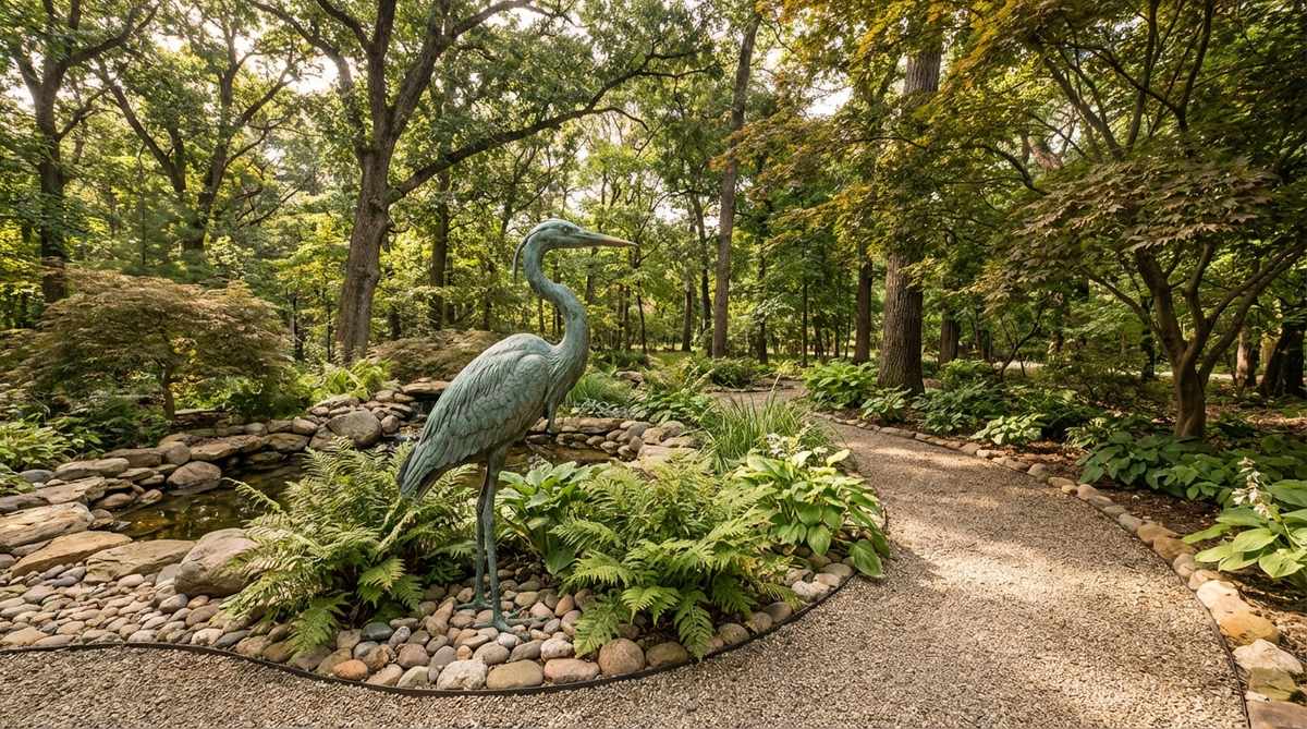 A life-sized bronze sculpture of a deer or heron, cast using traditional lost-wax methods, positioned in a garden setting to add narrative and surprise at pathway turns. The sculpture features anatomical precision and a natural or accelerated verdigris patina for an aged appearance, ideal for thematic gardens like woodland edges or water features.