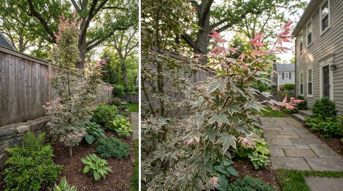 A variegated upright Japanese maple cultivar with gray-green leaves featuring irregular cream and pink margins that create a fluttering effect in the breeze. This tree grows 12-15 feet tall with a narrow, upright habit, ideal for tight planting beds and urban gardens. The delicate coloration requires afternoon shade to prevent burning, with new spring growth showing the most intense pink tones.