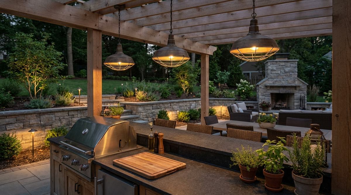 Matte black or aged bronze industrial cage pendant lights providing focused task lighting over a workspace, kitchen counter, or reading nook. The protective cage design references utilitarian factory lighting while containing the light source for directed illumination, balanced with softer accent lighting nearby to prevent the space from feeling too severe.