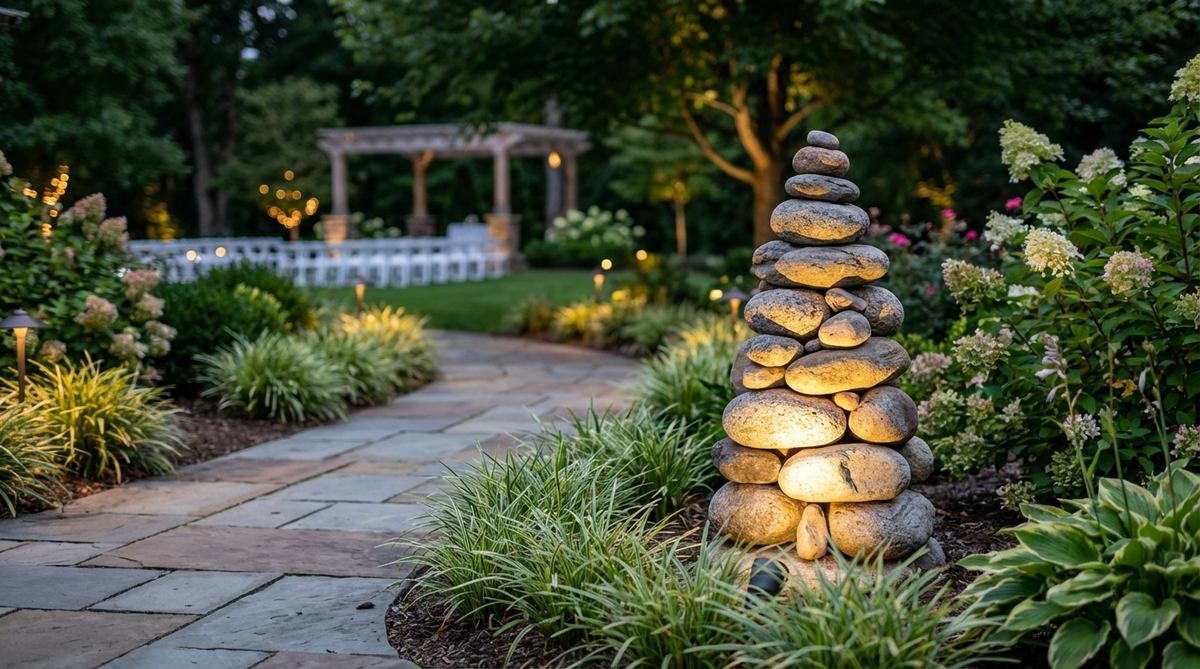 A balanced stone stack, or cairn, positioned along a garden pathway as a sculptural wayfinding element for a wedding venue. The cairn is 2-3 feet tall with progressively smaller stones toward the top, illuminated at night by a small LED uplight at its base to guide guests safely through the garden.