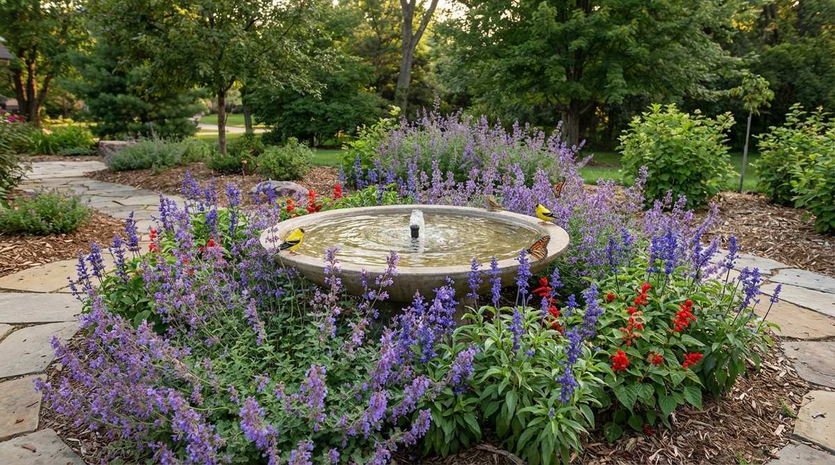 A shallow birdbath fountain with a gentle bubbling center, surrounded by low-growing catmint and salvia plants, attracting birds and butterflies in a small garden setting.