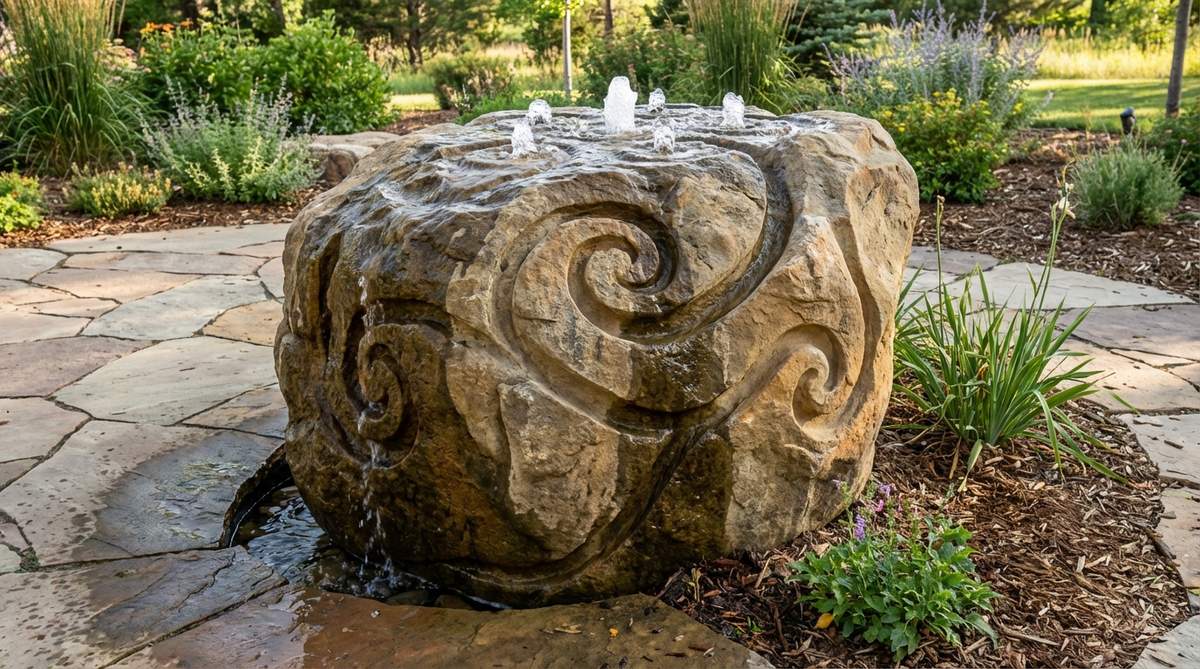 A massive carved boulder fountain in a garden setting, showing water emerging from drilled top points and flowing through hand-carved channels that create spiral patterns and organic curves down the stone surface. The substantial 300-1000 pound boulder serves as a unique landscape centerpiece with custom flow paths created by artisans.