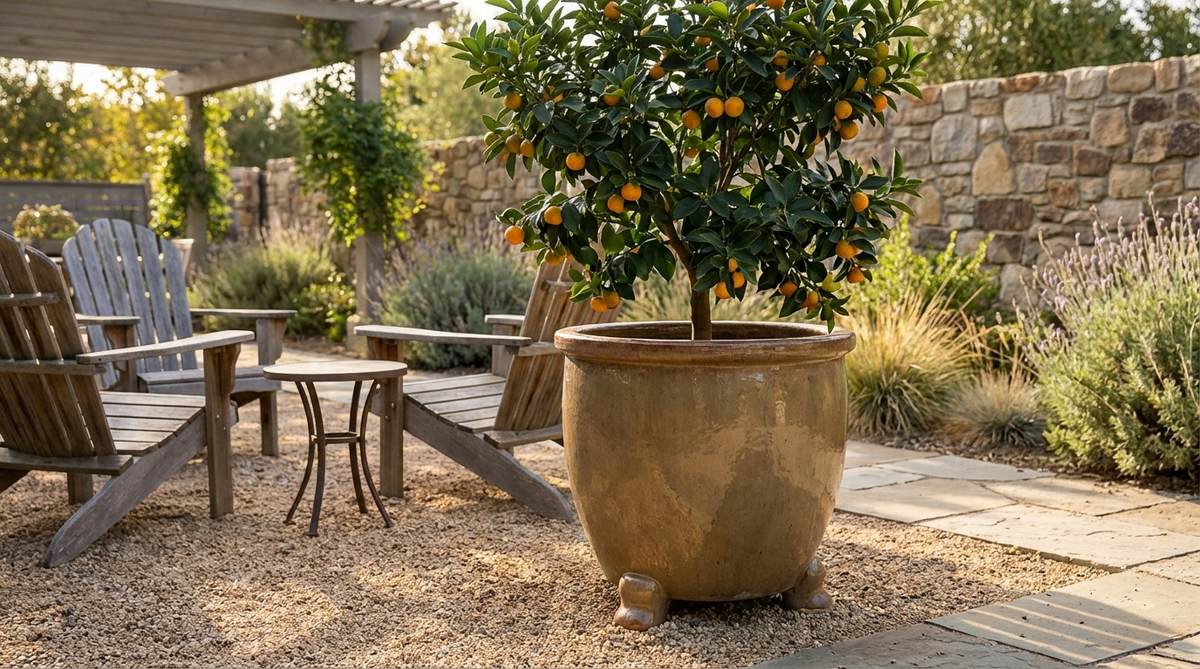 A large glazed ceramic pot containing a dwarf citrus tree with glossy foliage and seasonal fruit, positioned in a gravel courtyard near a seating area. The container is elevated on pot feet for proper drainage and air circulation, showcasing how citrus trees can be incorporated into container gardening within gravel landscapes.