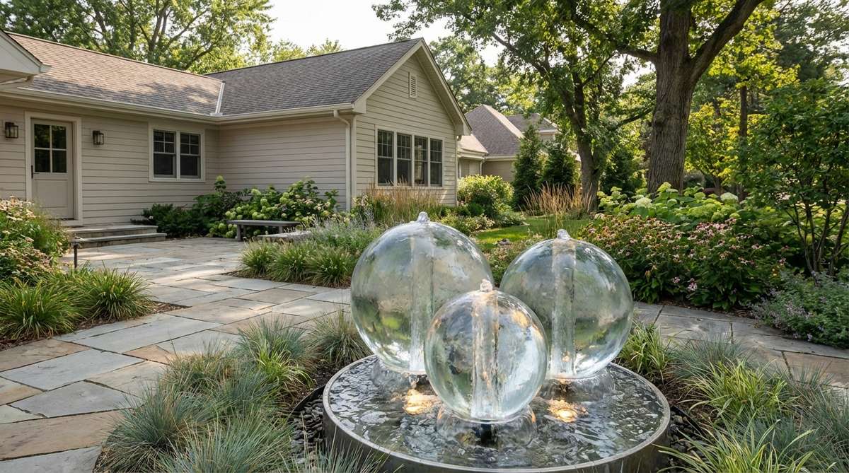A modern garden fountain featuring transparent acrylic spheres nested within each other, with water flowing between layers and through central openings. The clear material reveals internal water movement, while lighting beneath illuminates the water as it travels through the nested forms, creating a sculptural kinetic performance.