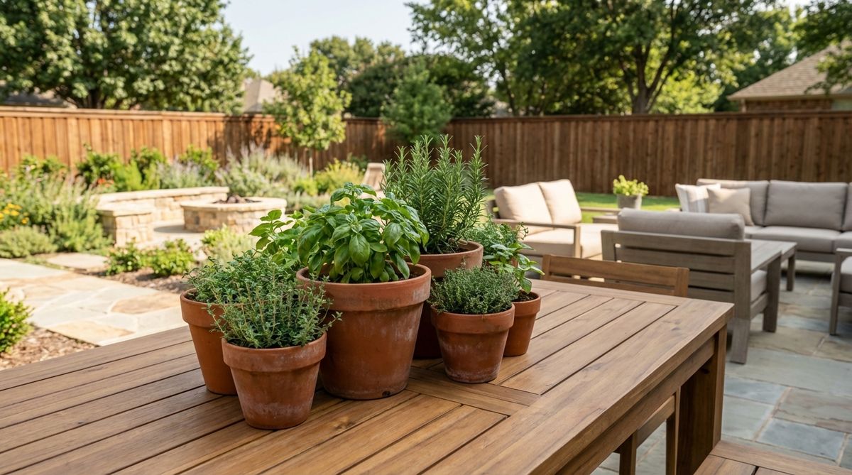 A modern garden table centerpiece featuring clustered terracotta planters in varying heights, planted with fresh herbs like basil, thyme, and rosemary. The earthenware pots create Mediterranean warmth and visual rhythm, serving as a living centerpiece that can transition to the garden after entertaining.