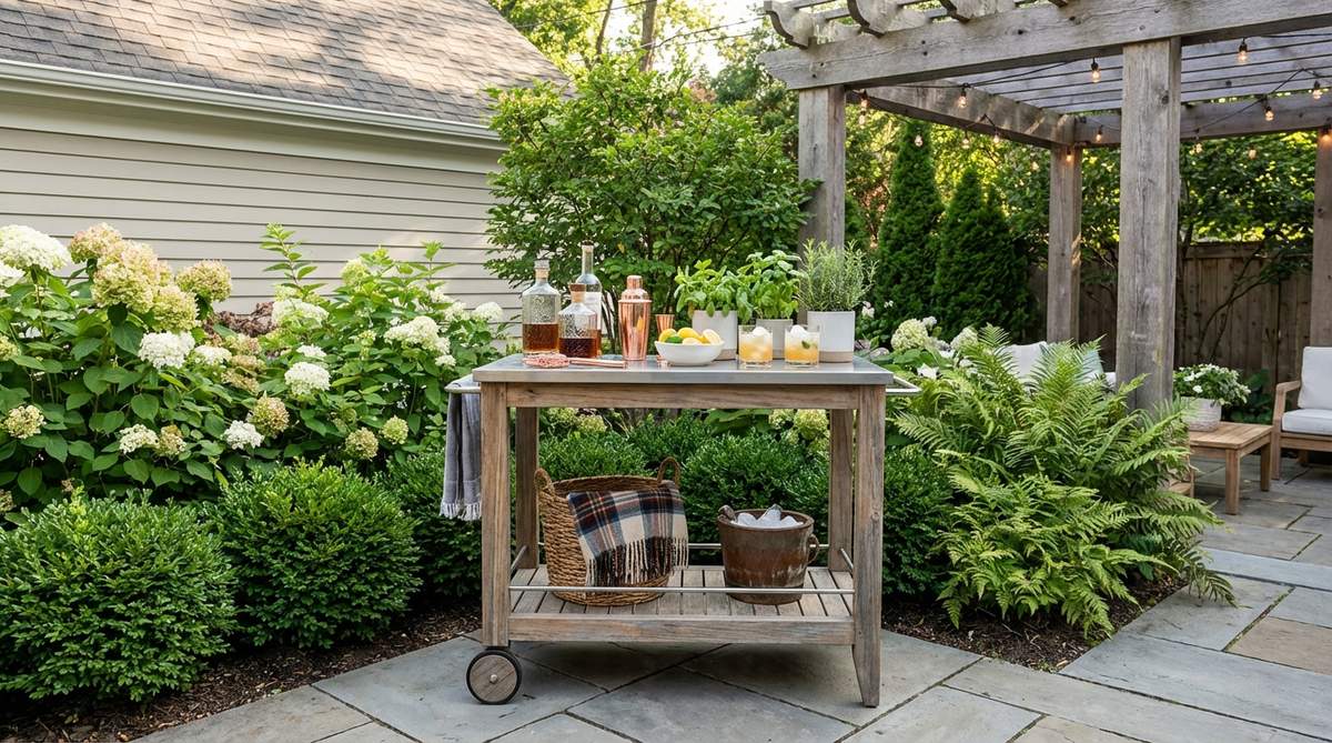A compact bar cart in a garden party corner with fresh garnishes, signature cocktails, and garden-themed accessories, creating a fluid social space without fixed seating.