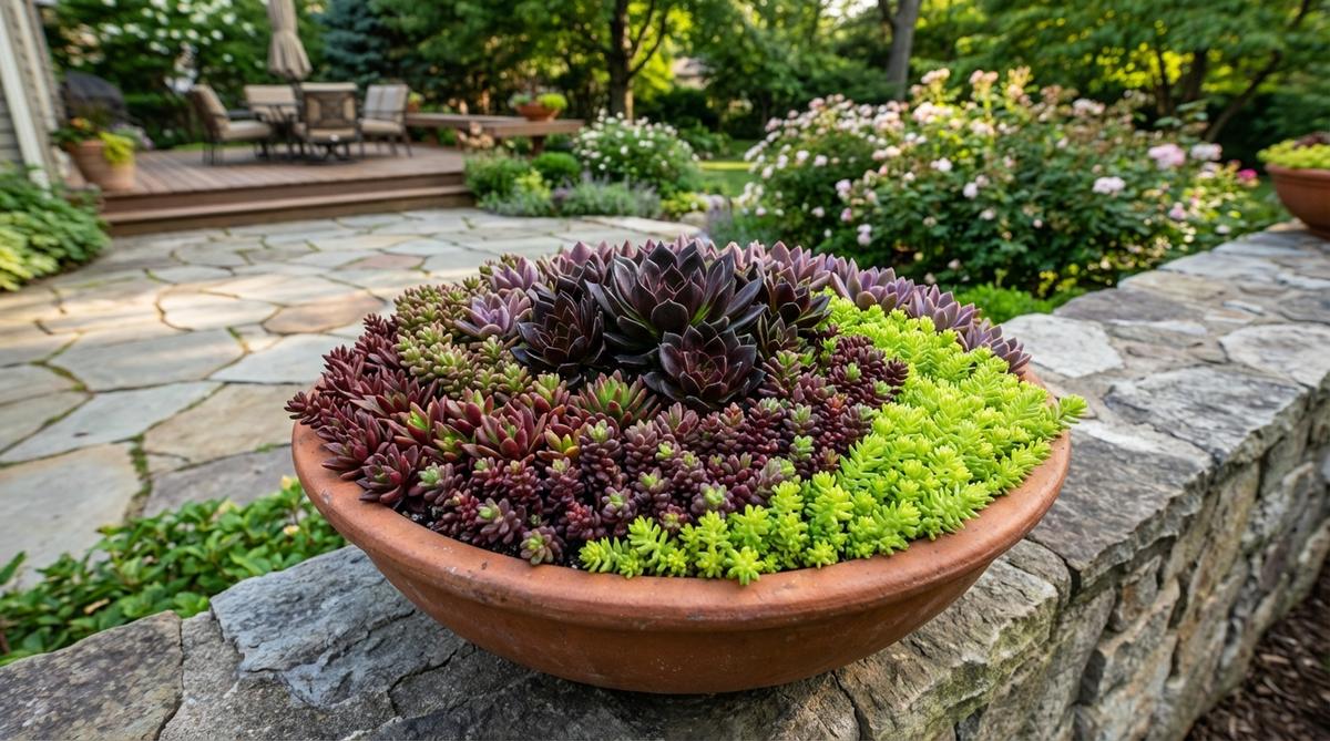 A vibrant mini garden succulent bowl featuring a living color wheel arrangement. Echeveria 'Black Prince' transitions through burgundy Sedum varieties to lime-green Sedum 'Angelina', creating a chromatic gradient that serves as both botanical display and color theory teaching tool. The curved planting lines soften transitions between color zones, with mature plants developing stress colors under appropriate light conditions.