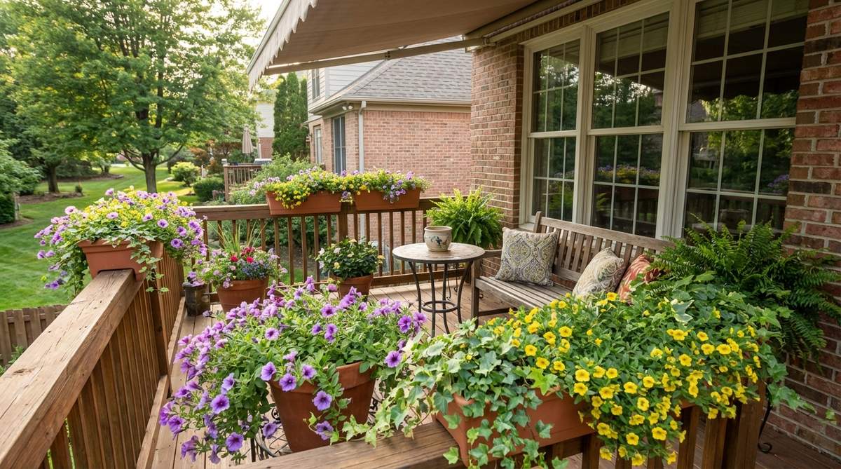 A vibrant balcony decor featuring purple petunias and yellow calibrachoa plants, arranged in a complementary color scheme to create dynamic visual tension and highlight focal points in outdoor spaces.