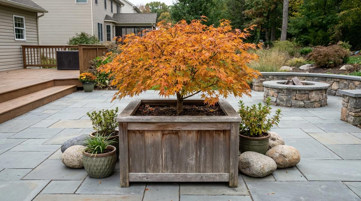 A dwarf Japanese maple in a large ceramic or wooden container, ideal for decks or patios, showcasing moveable garden design with seasonal flexibility and Japanese aesthetic elements.