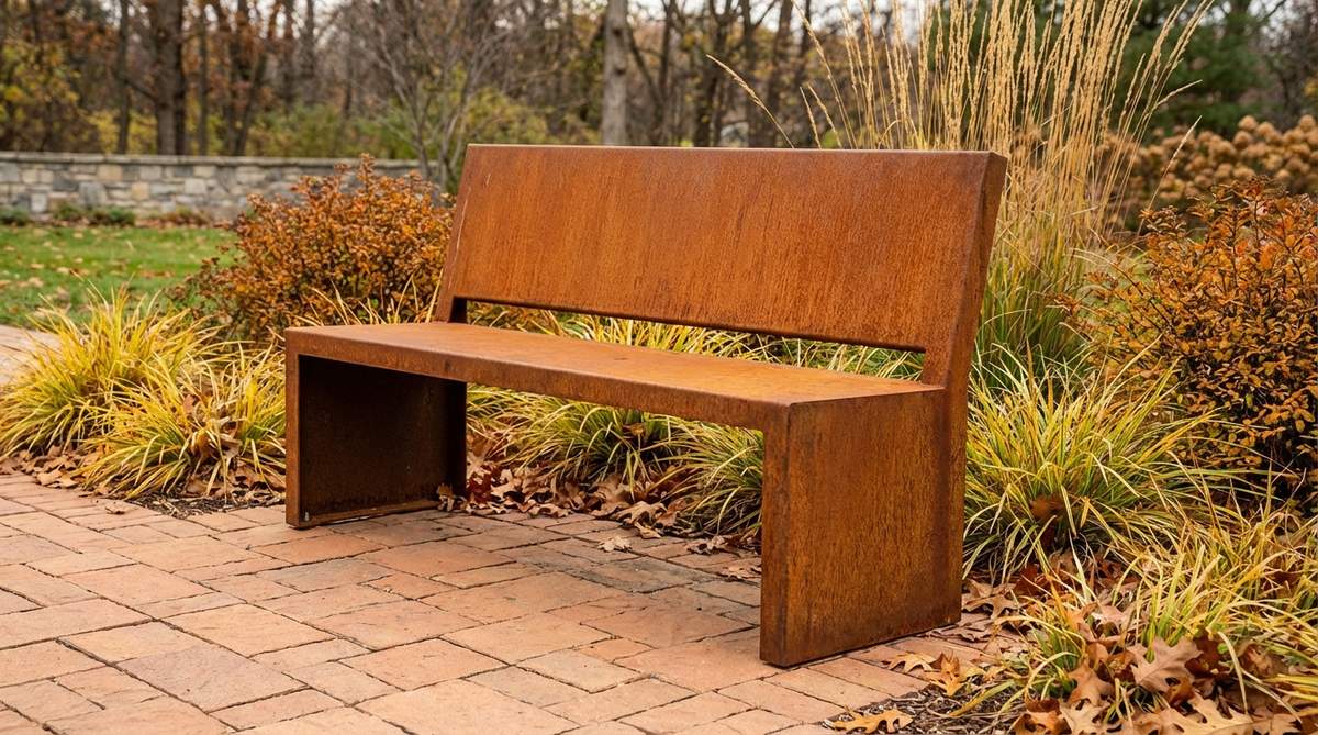 A contemporary garden bench made from Corten weathering steel, showing the characteristic warm orange-brown rust patina that develops naturally over time. The bench is placed among autumn plantings and terracotta paving, demonstrating how the material harmonizes with warm-toned garden elements. The image captures the rich color depth and textured surface of the steel, highlighting its zero-maintenance durability and ability to add instant maturity to garden spaces.