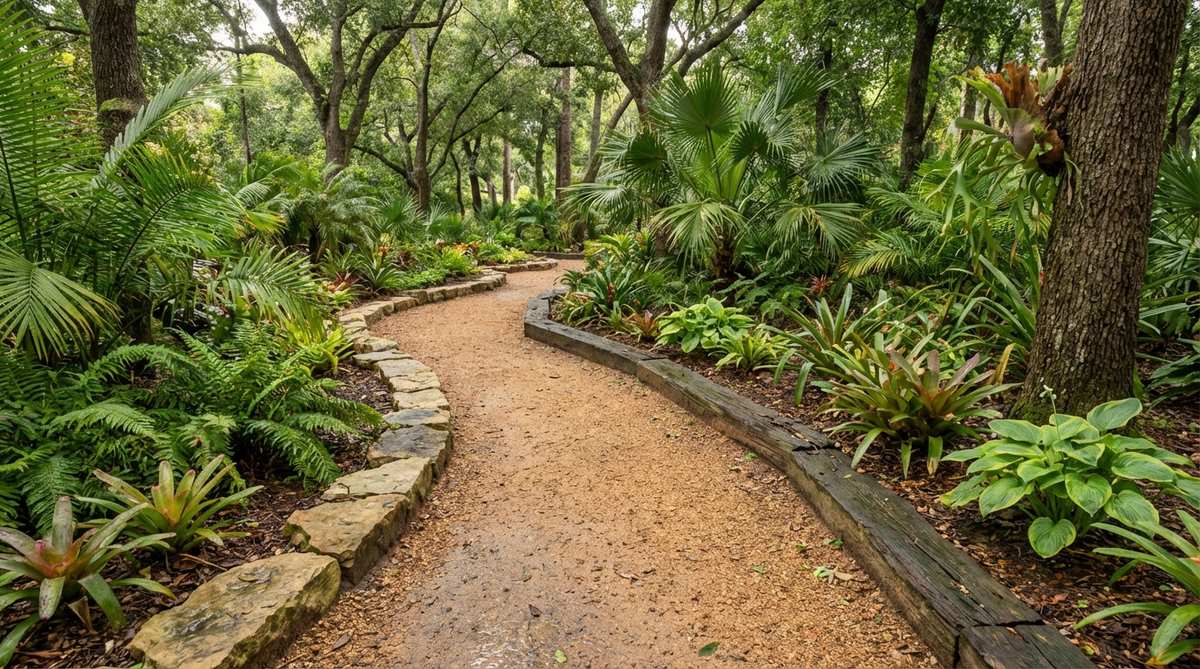 A woodland trail made of crushed gravel or decomposed granite winding through a tropical garden, edged with natural stone or timber for drainage and aesthetic appeal. This low-cost path solution provides excellent drainage while adding sensory engagement with its distinctive crunching sound underfoot.