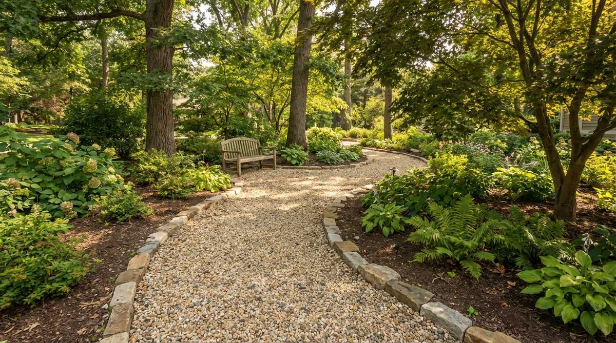 A natural crushed stone walkway in shades of tan, gray, or white, curving through garden beds with compacted layers for stability, edged to contain the aggregate, enhancing permeability and brightening shaded areas.