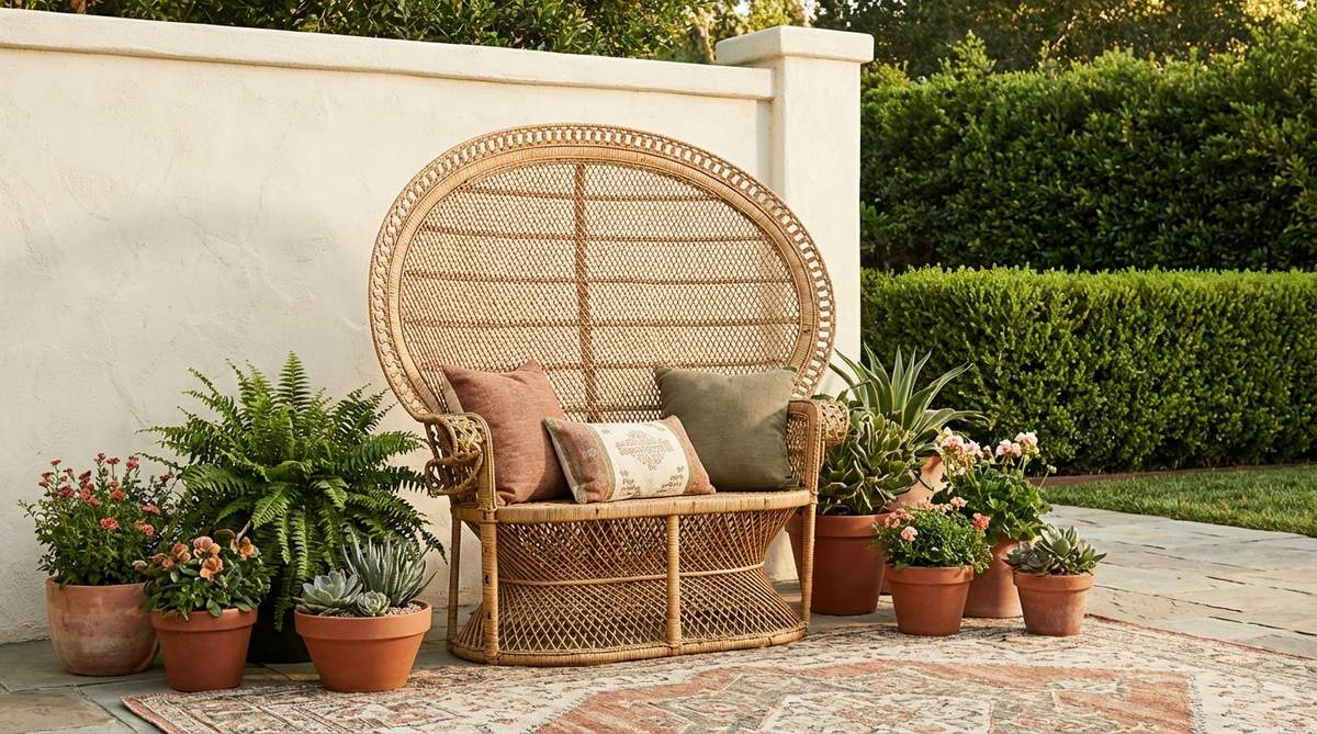 A double-width peacock loveseat with a high-back fan design, scaled for two people, creating an intimate focal point in a boho garden. Perfect for shared seating and garden photo opportunities, it is centered against a neutral background like a stucco wall or dense hedge, commanding attention with its dramatic scale.