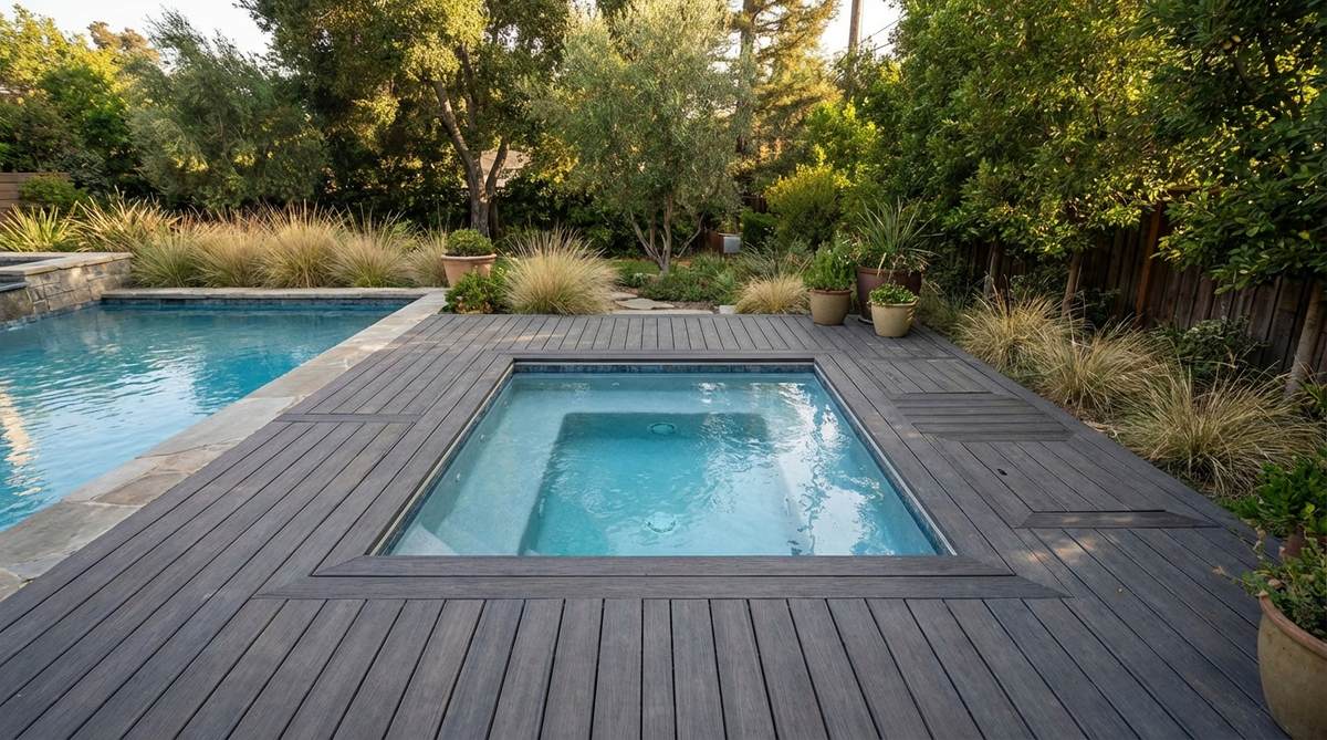 A seamless deck-flush spa installation where the waterline sits level with surrounding composite decking, creating visual continuity in a small garden with pool area. The recessed spa eliminates exposed walls and includes removable deck panels for equipment access.