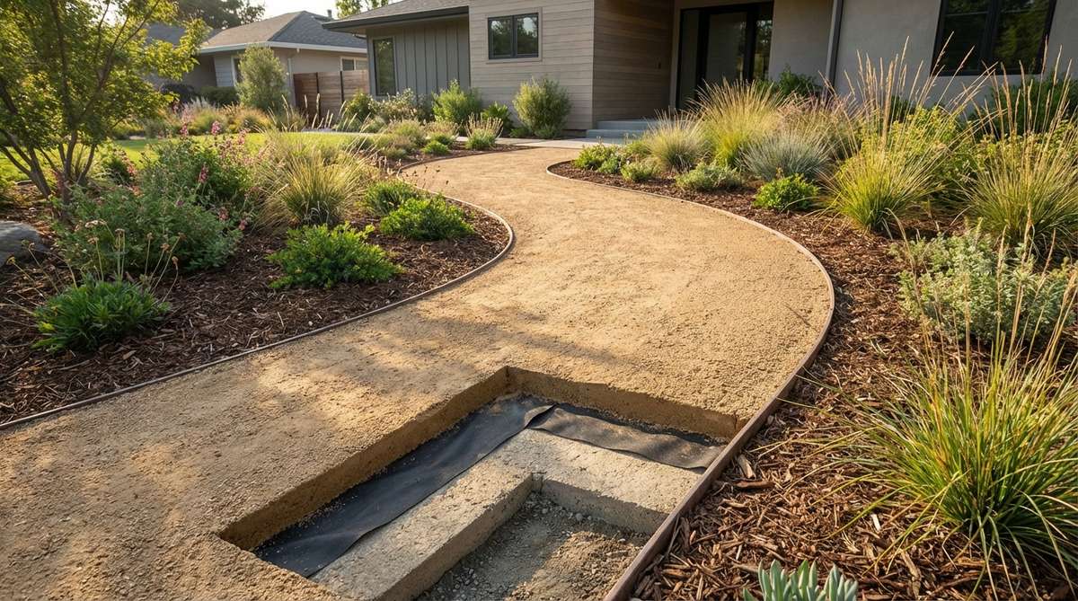 A modern garden pathway made of decomposed granite showing its permeable surface and natural color tones, with proper installation layers visible including landscape fabric and compacted base material.