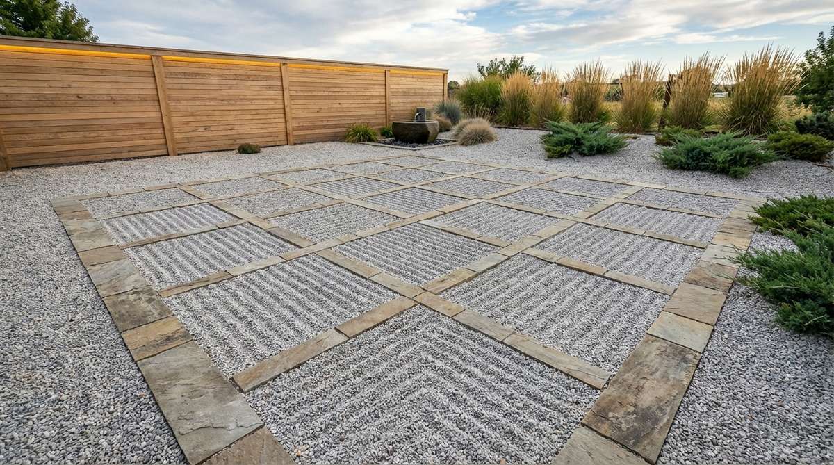 A geometric pattern of intersecting diagonal lines creating a diamond grid across the gravel surface of a zen garden. The lines are raked from corner to corner with precise spacing, demonstrating dynamic tension and order in modern zen garden design.