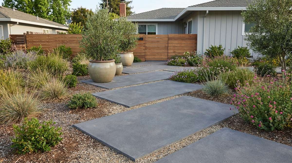 A contemporary diagonal paver layout in a small front garden, showing large-format pavers angled at 45 degrees to create visual elongation and sophisticated aesthetic impact.