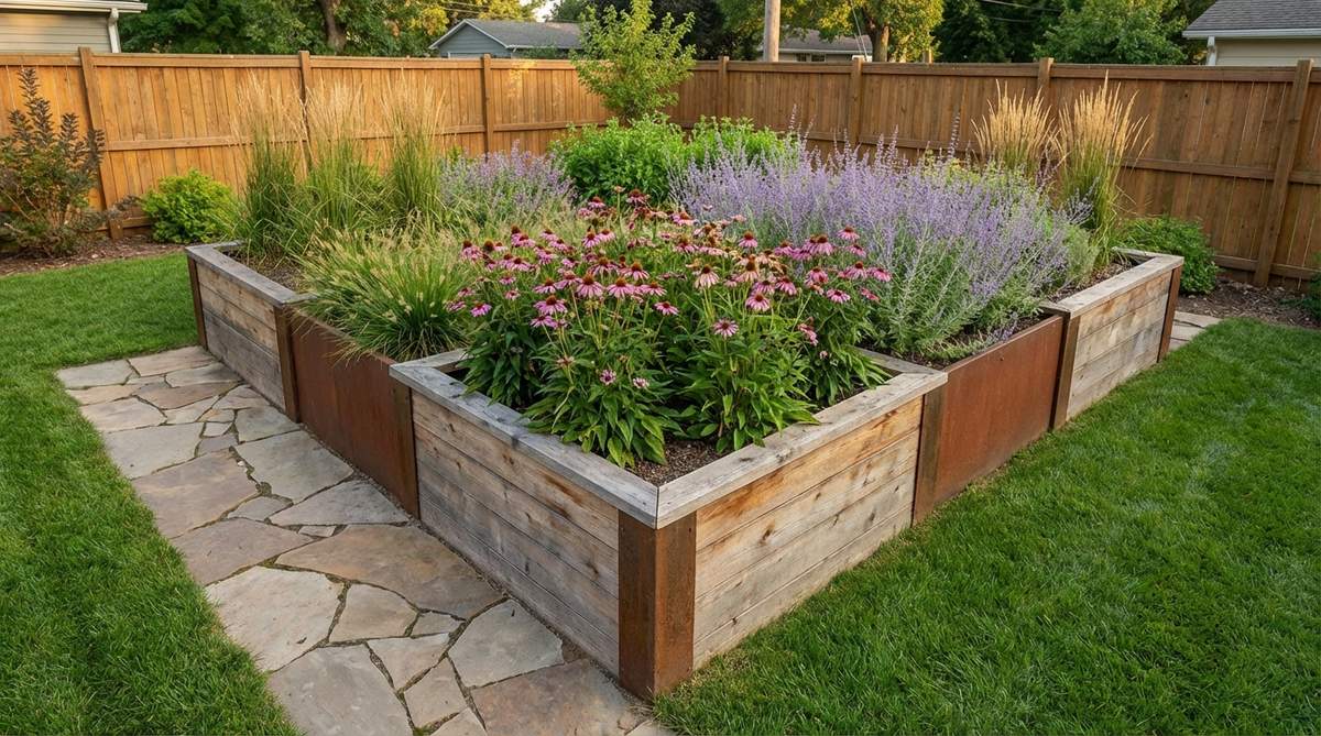 A raised bed positioned at a 45-degree angle in a small garden, featuring triangular planting zones with medium-height perennials, using materials like cedar or corten steel to enhance visual cohesion and create an illusion of greater depth.