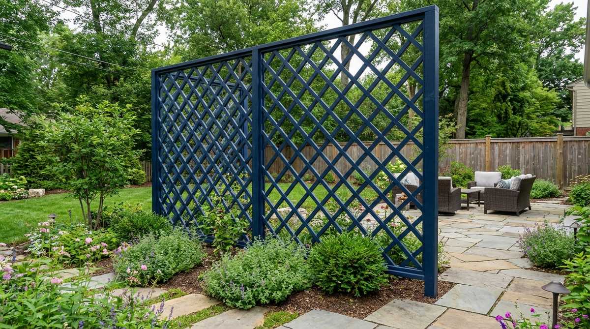 A contemporary garden trellis featuring oversized diamond lattice patterns in bold colors like deep navy or burnt orange, blending traditional design with modern aesthetics for transitional landscapes.